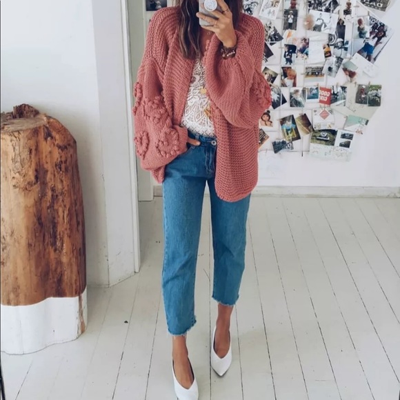 Heart pom pom knit lantern sleeve cardigan sweater - Picture 3 of 7